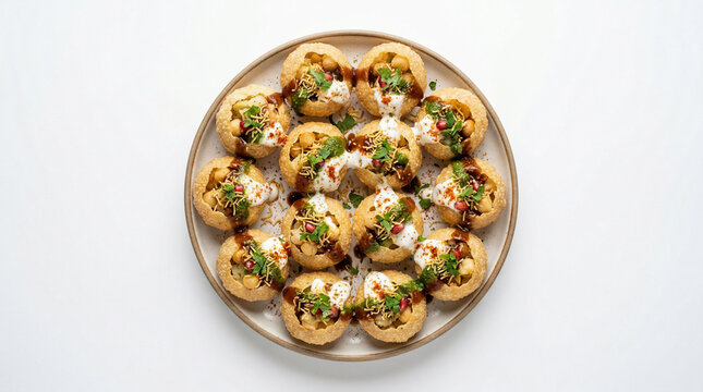 Delicious indian street food snack dahi puri or sev puri served on a white plate with white background home cooking party food comfort food quick snack sweet potato indian cuisine appetizer