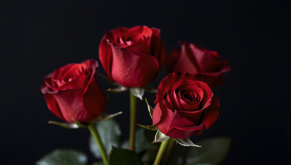 Fototapeta premium Crimson Bloom: A cluster of deep red roses blossoms in a moment of elegant simplicity, their velvety petals unfurling against a backdrop, exuding beauty, romance and passion.