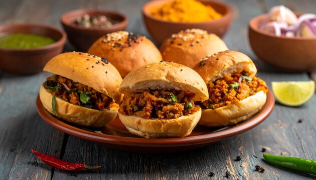 Close-up of mini sandwiches with meat filling, garnished, served with spices & condiments
