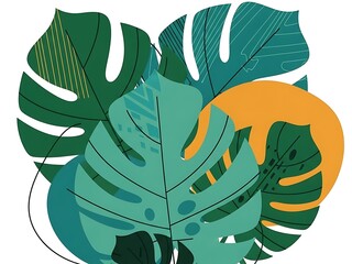 Stylized Monstera Leaf Arrangement with Bold Accents and Patterns