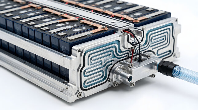 Electric vehicle battery module with cooling system pipes and lithium cells showing high voltage energy storage technology in detail
