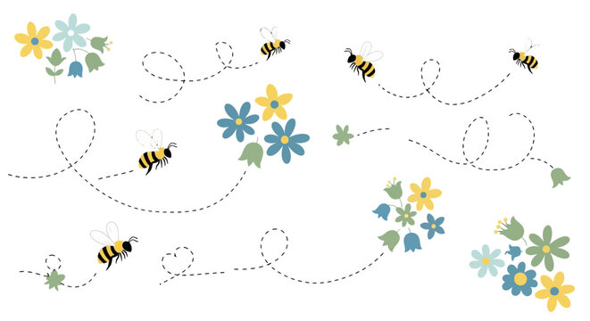Colorful illustration of bees flying around flowers with dotted trails on white background conveying springtime and nature