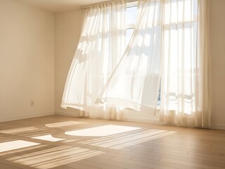 Sunlit room with flowing curtains casting shadows across hardwood floor