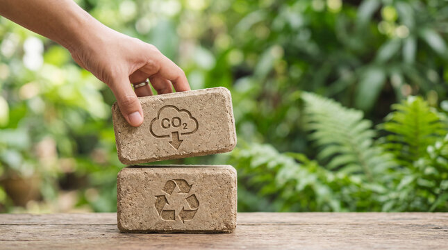 Eco brick carbon reduction recycle symbol sustainability green energy renewable material hand environment climate change carbon footprint eco brick carbon reduction recycle symbol sustainability