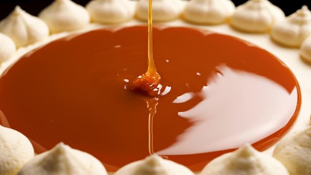 caramel pouring onto cake close-up creating glossy topping over creamy surface with decorative frosting, dessert preparation highlighting texture sweetness and premium bakery presentation