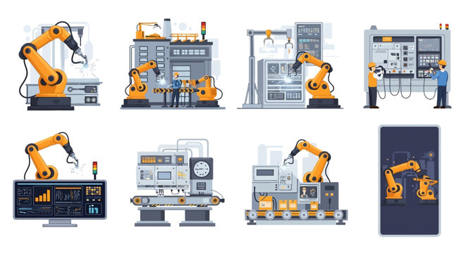 A flat vector illustration features various scenes of industrial automation robotics, including robotic arms working in a factory setting, system monitoring displays, and an engineer