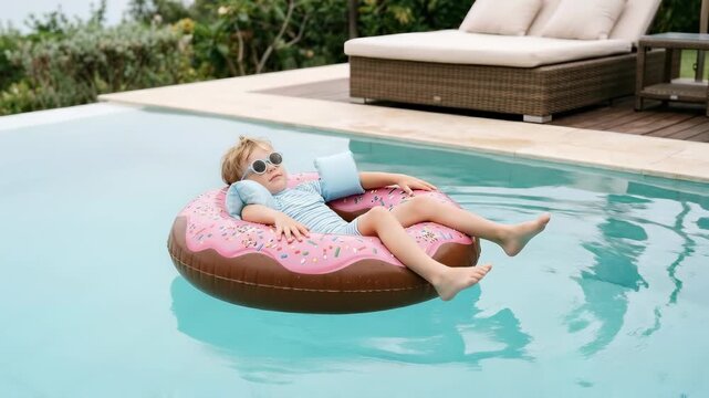 Child Relaxing on Pink Donut Inflatable in a Blue Swimming Pool on Holiday