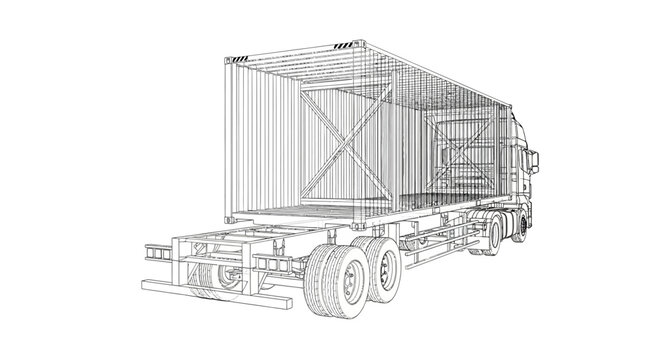 Wireframe blueprint of a semi-trailer truck chassis with an open container.