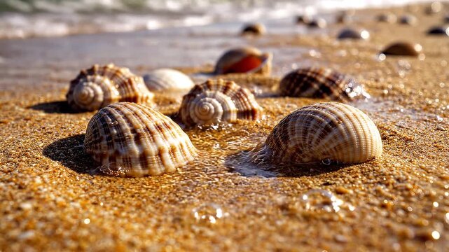 Close-up of intricate seashell patterns half-buried in wet golden sand beside gently lapping water