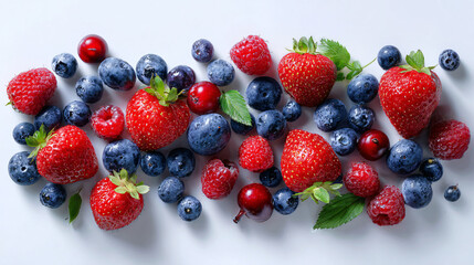 Obraz premium Fresh and Vibrant Assortment of Red and Blue Berries on White Surface