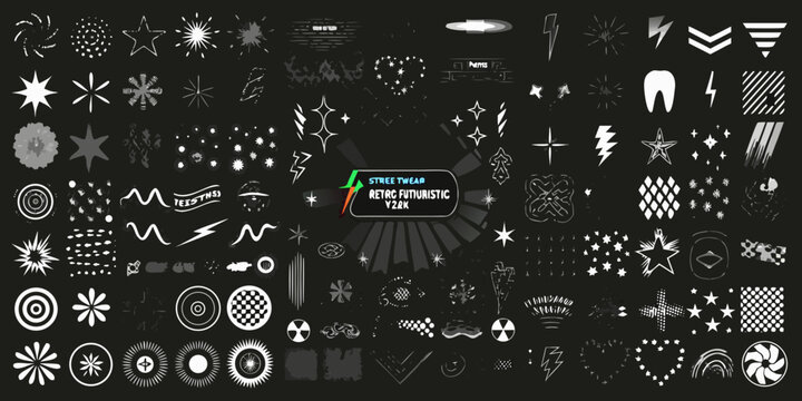 Collection of hand drawn retro futuristic street wear design elements