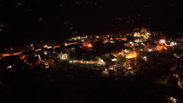 Aerial Night Hyperlapse of Bandipur Nepal With City Lights