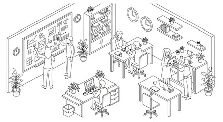 Obraz premium Isometric line art drawing of a bustling modern office environment with people working.
