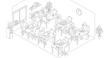 Obraz premium Isometric line art illustration of a busy modern office with multiple employees working at their desks.