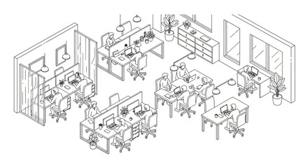 Obraz premium Isometric office interior with desks, computers, and chairs.