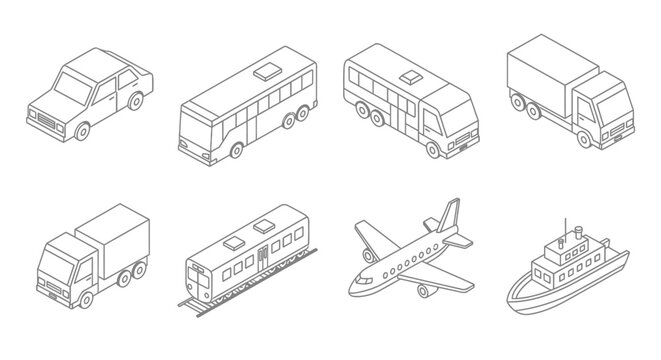 Isometric line art set of various transportation vehicles.