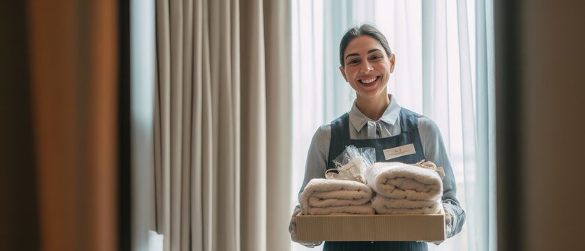 Hotel staff smiling with towels and supplies