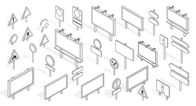 Isometric Outline Collection of Road Signs and Billboards.