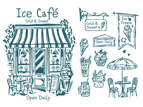 Hand drawn vector ice cream cafe sketch set with storefront facade, signage, outdoor tables and chairs, ice cream and cold drinks. Vintage doodle line art collection for bistro and small business