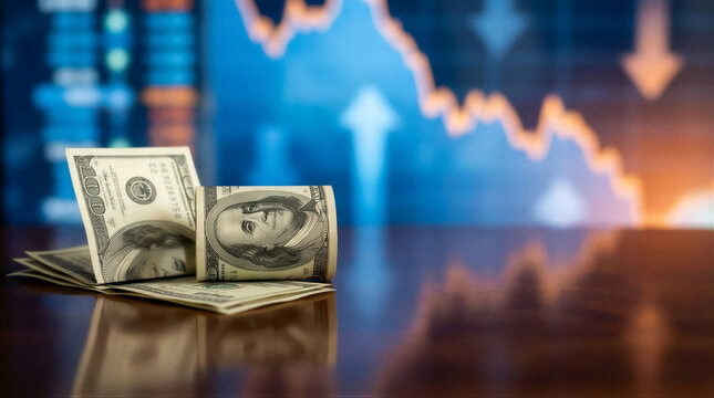 A stack of twenty dollar bills sitting on top of a wooden table.