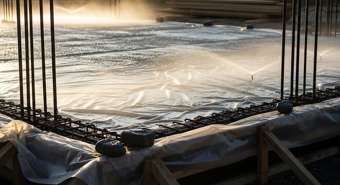 Concrete foundation undergoing curing process with sprinkler system on site