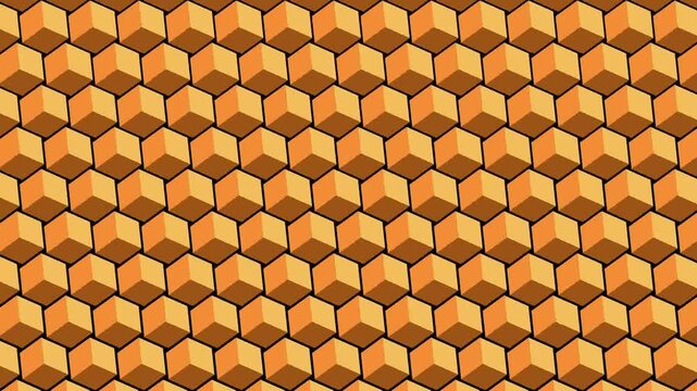 animated background of golden 3d cube rotating scaling randomly in mathematical sinusoidal wave pattern