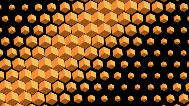 animated background of golden 3d cube rotating scaling randomly in mathematical sinusoidal wave pattern