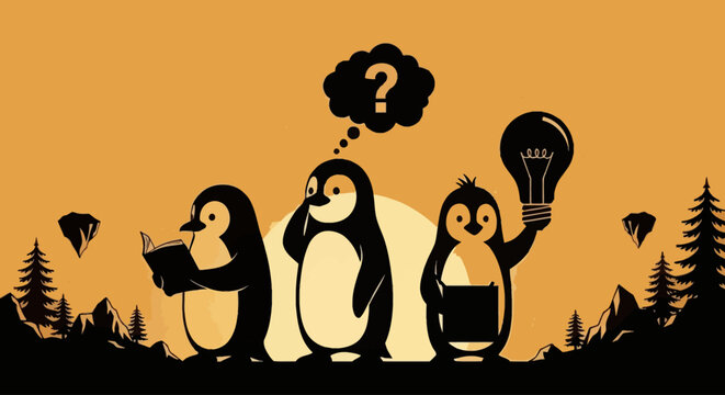 charming illustration featuring three penguins immersed in thought and learning against a snowy landscape one reading a book one pondering and one holding a lightbulb