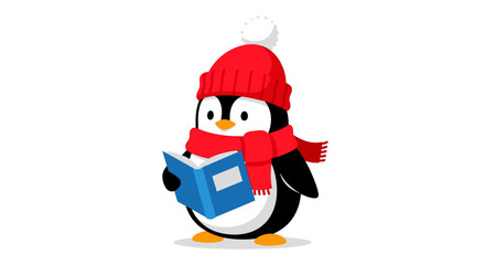 charming illustration of an adorable penguin wearing a red winter hat and scarf while reading a book on transparent background silhouette high quality professional detailed modern
