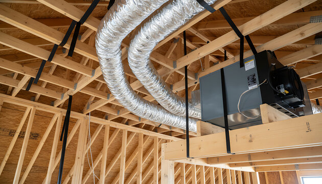 Ductwork ventilation system installed in new construction building. Building Construction & HVAC Systems