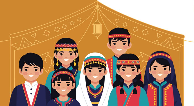 a group of smiling people wearing traditional middle eastern clothing with ornate patterns and headwear a festive scene on transparent background silhouette high quality professional detailed