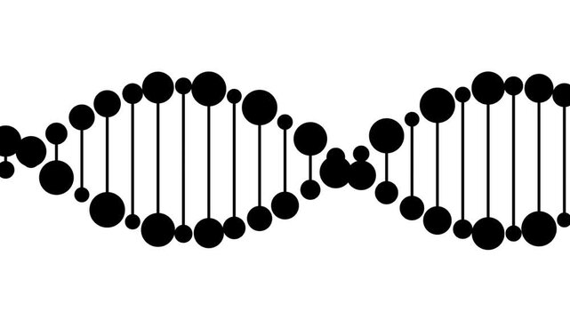 animated flat 2d black dots in line connected, dna double helix strands rotating spinning horizontal