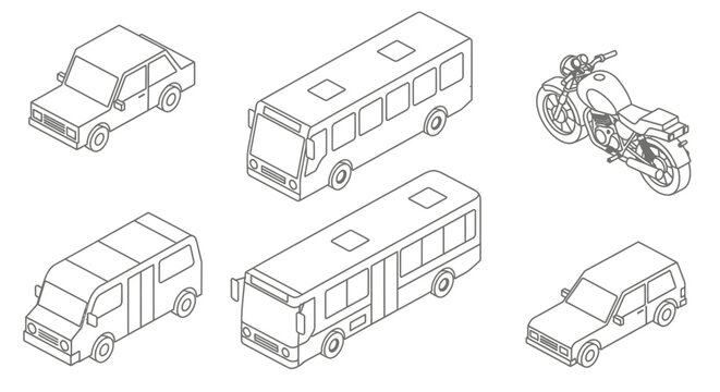 Isometric line art collection of various vehicles including cars, buses, vans, and motorcycles.