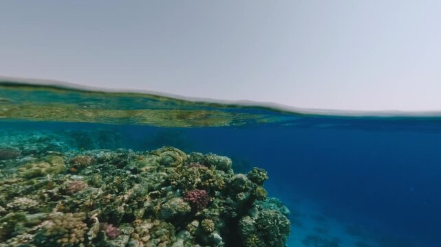 Rolling wave over coral reef in Red sea. Cinematic slow motion half underwater view
