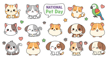 Fototapeta premium Adorable collection of cartoon pets including cats dogs hamsters and parrots. Sweet animal faces with hearts and stars. National pet day stickers. Kawaii style domestic animal character designs.