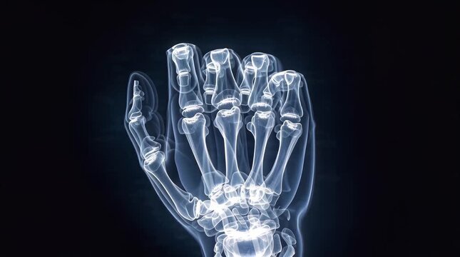 X-ray of a human hand in a fist, highlighting the bones and joints in a dark background