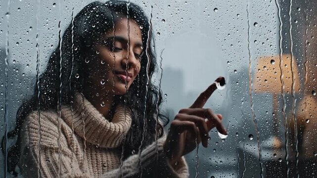 Woman in a cozy sweater looks out the rainy window.