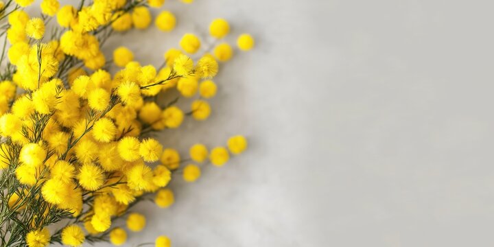 Blooming mimosa branches with bright yellow flowers on a light background, offering copy space. Representing spring, celebration, and femininity