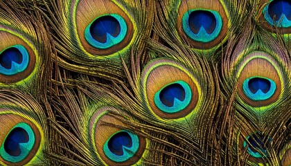 Fototapeta premium Close-up of ornate peacock feathers showing detailed patterns and vibrant jewel-toned colors