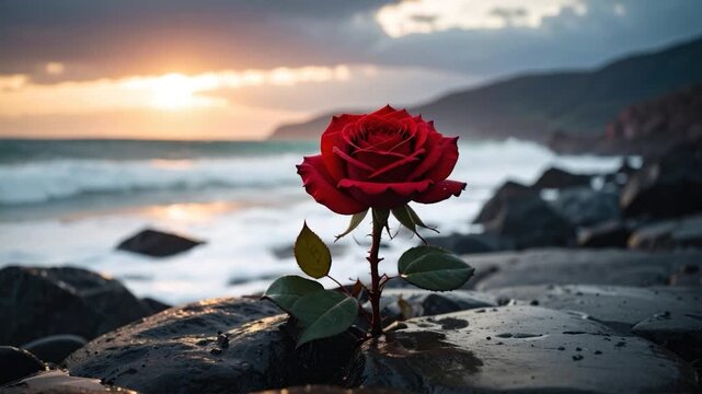 A solitary red rose blooms amidst dark rocks against a sunset-lit seascape