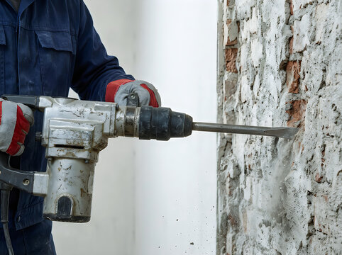Man using a jackhammer to drill into wall, professional construction worker performing heavy duty demolition work on site