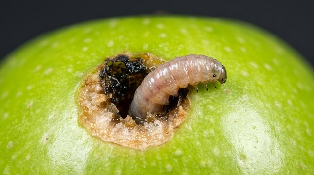 Codling worm/moth larva emerging from green apple macro close up pest damage fruit infestation detail