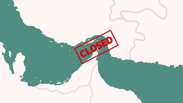 Video showing strait of Hormuz strategic oil Route map closed due to Middle East geopolitical war between USA israel and Iran. Video animation showing no entry point at Strait of Hormuz.