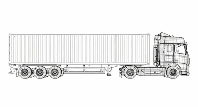 Detailed Line Drawing of a Large Semi-Trailer Truck with Container.