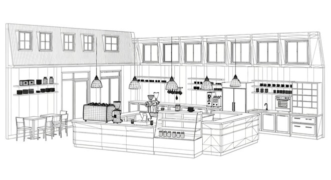 Detailed Wireframe Drawing of a Modern Coffee Shop Interior Design.