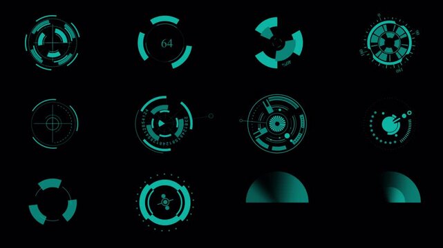 Futuristic Circular HUD UI Kit Animation with Radial Loading and Scanner Elements, Digital Interface Pack Loop