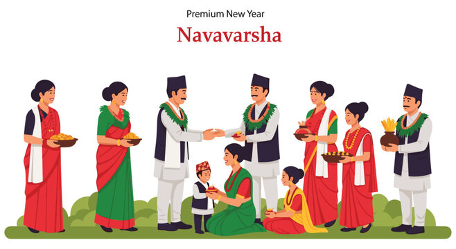Diverse Nepali family members celebrating navavarsha festival in traditional attire. Characters wearing daura suruwal and sari exchanging greetings and offerings for the premium new year event.