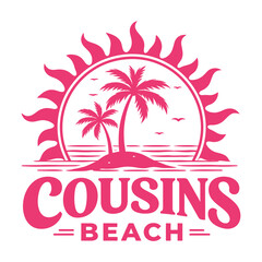 Fototapeta premium Cousins Beach Tropical Sunset Logo with Palm Trees and Ocean Waves Silhouette