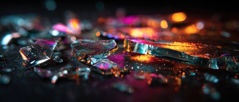 Broken glass fragments with vibrant colorful lighting