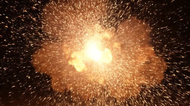 Fiery Explosion with Sparks and Smoke at Night.